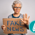 Ältere Frau hält ein Schild hoch auf dem steht: Fake News